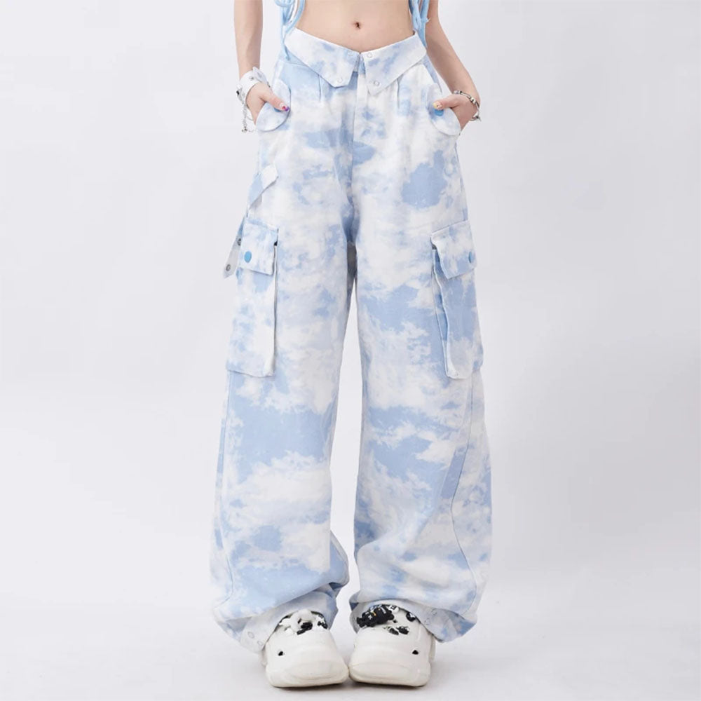 Koisoon Tie-dye Streetwear Cargo Punk Straight Pants Loose Y2k Aesthetic Pockets Pantalones Women Grunge Harajuku Wide Leg Trousers