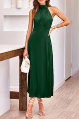 Koisoon Elegant Simplicity Solid Slit Halter Sleeveless Dress Dresses