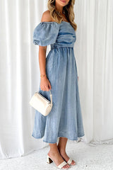 Koisoon Elegant Solid Fold Off the Shoulder Short Sleeve Denim Dresses