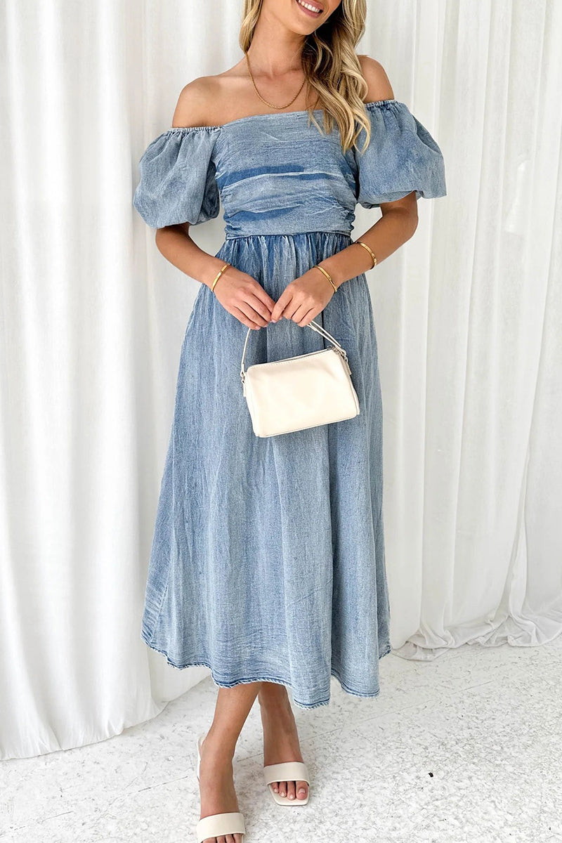 Koisoon Elegant Solid Fold Off the Shoulder Short Sleeve Denim Dresses