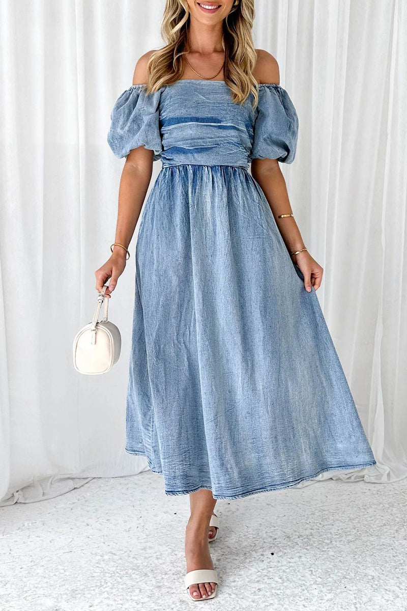 Koisoon Elegant Solid Fold Off the Shoulder Short Sleeve Denim Dresses