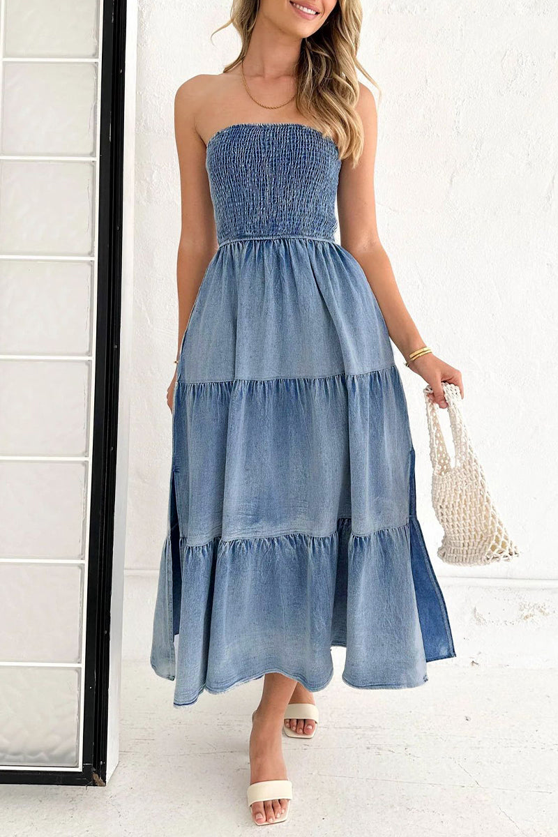 Koisoon Gradual Change Pocket Slit Strapless Sleeveless Denim Dresses