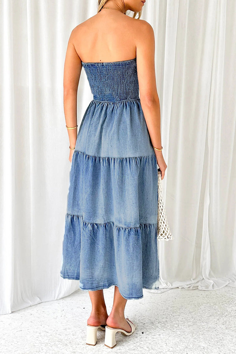 Koisoon Gradual Change Pocket Slit Strapless Sleeveless Denim Dresses